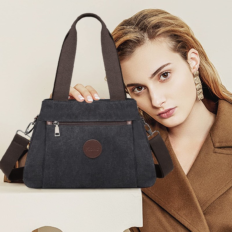 KONO Canvas Handbag Women Shoulder Bag, black, Retro