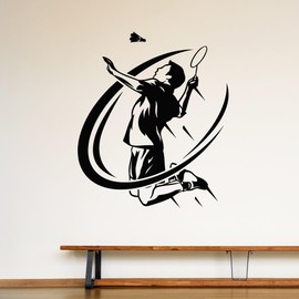 Vinyl Wall Decal Player with Racket Badminton Game Icon Stickers Mural Large Decor (L140) Black
