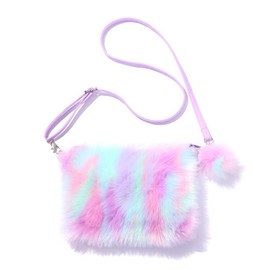 Newfancy Women Girls Kids Fluffy Fuzzy Bag Plush Tie Dye Rainbow Crossbody Purse Wallet, Purple, One Size