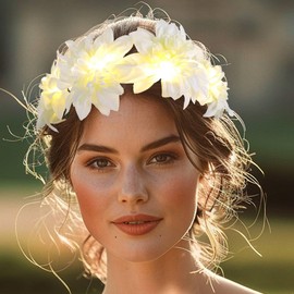 Zoestar Luminous Flower Crown Headbands LED Hair Wreath Headband Bridal Flower Garland Headpiece Festival Party Hair Accessories for Women (Beige, Standard Size)