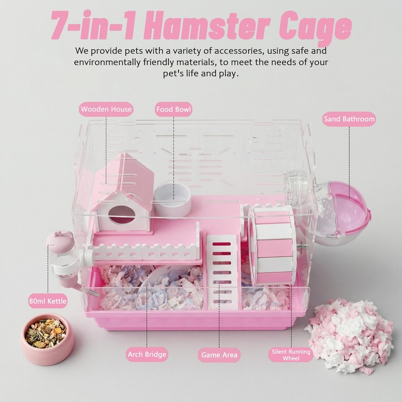 Pretoee 7-in-1 Acrylic Hamster Cage with All Accessories - Double