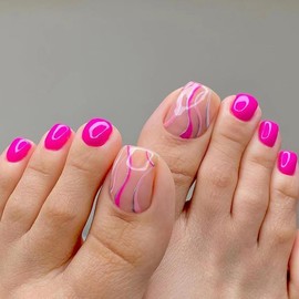 Press on Toenails Hot Pink Fake Toe Nails Summer False Toenails Glossy Full Cover Acrylic Glue on Toenails with Designs Cute Toe Press on Nails Artificial Stick on Toenails for Women Manicure 24Pcs