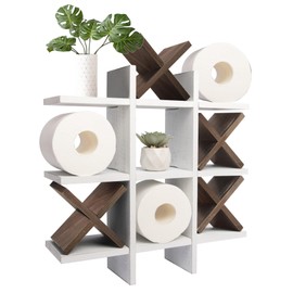 GENMOUS Handmade Tic Tac Toe Toilet Paper Holder Stand with 4pcs Wooden X, Funny Wall Mounted Toilet Papers Storage with Shelf, Farmhouse Toilet Paper Roll Storage for Guest Bathroom or Toilet Décor