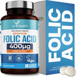 Folic Acid 400 mcg Tablets - 400 Vegan Vitamin B9 Tablets for Women, 13 Month Supply, Folic Acid Pregnancy for Normal Function of Immune System and Maternal Tissue Growth - Made in The UK by YrHealth