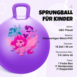 U&C Planet Jumping Ball 45 cm with Pump 18 Inch Hopper Ball for Children from 3-8 Years Inflatable Space Hoppers Jump Ball Indoor and Outdoor Unicorn Purple