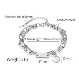VJOSA Fashion Heart Bracelet Stainless Steel Bar Double Layer Link Chain Bracelet(White)