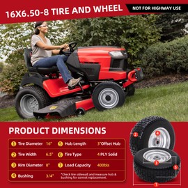 USCaster 16x6.50-8 tire and wheel Flat Free Assemblies (2 Pack), Lawn Mower Tires with Rim, Solid Rubber Riding Lawn Mower Tires and Wheels,3" Offset Hub,3/4" Bushings,16x6.5-8 Tractor Turf Tire