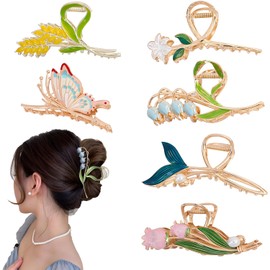 6 Pinzas Pelo Mujer de Metal, Pinza para Cabello, Clips de Garra Grande Elegantes Pinza Pelo para Mujer, Pinzas para Cabello Largas, Pasadores con Flores, Antideslizante, Pinzas para Cabello Grueso