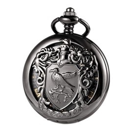TREEWETO Unisex Pocket Watch Mechanical Double Cover Bird Shield Skeleton Steampunk for Men Women with Chain & Gift Box, Black, black