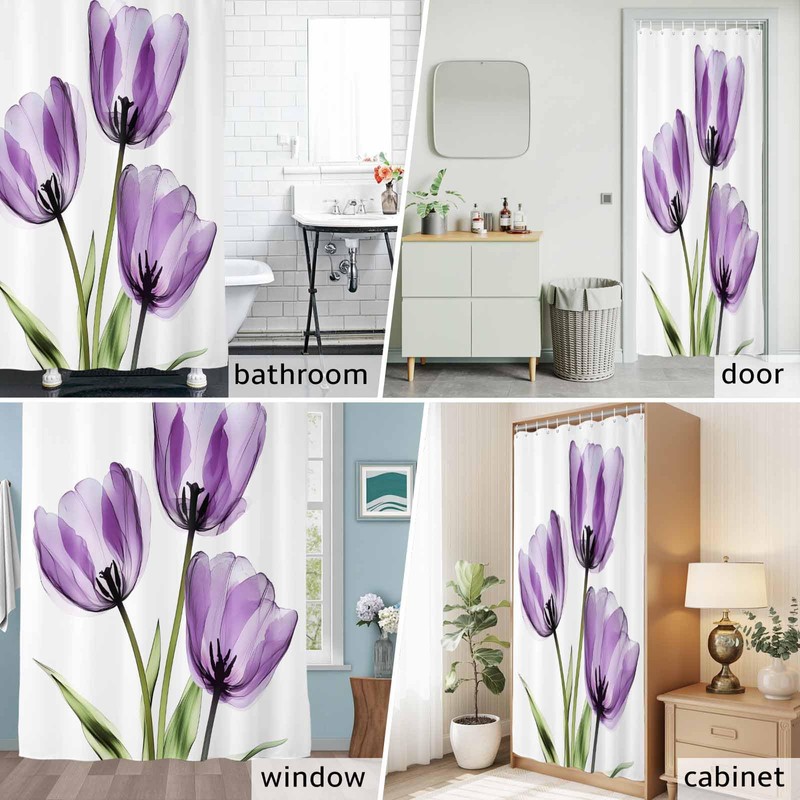 Purple Tulips Shower Curtain Set with Hook 72"x72",Spring Floral Botanical