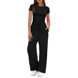 WIHOLL Workout Sets for Women 2 Piece Summer Travel Airport Outfits 2025 Cruise Going Out Sweatsuits Comfy Matching Sets Women Clothing Ruched Cozy Jogger Wide Leg Pants Black M