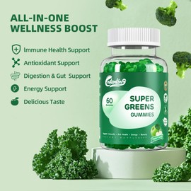 CNDANTING Super Greens Gummies - Daily Vegan Gummy Vitamins for Women, Apple Flavor | Organic Greens Blend with Spirulina, Turmeric, Immune Support,Energy Booster, Metabolism | 60 Count