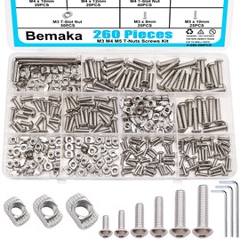 Bemaka 260PCS M3 M4 M5 T Nuts Screws Kit, T Slot Nuts Hammer Head Fastener with Nickel Plated Carbon Steel Button Head Screws for 2020 Series Aluminum Extrusion Profile