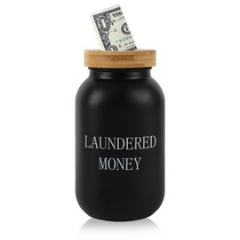 Laundry Room Coin Bank, Funny Laundered Money Tip Jar, Glass Mason With Money Slot and Bamboo Lid, Rustic Piggy Bank for Farmhouse Style Home Decor (Black)