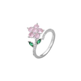 Izpack Pink Flower Spinner Fidget Ring for Women Rotating Crystal CZ Green Leaf Floral Adjustable Open Statement Rings Anxiety Relief Wrap Finger Bands Delicate Jewelry Gifts Wedding Birthday