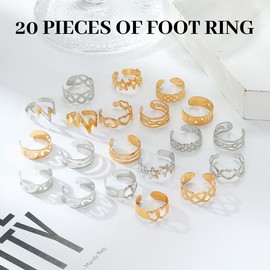 PYRUVAE Women's Toe Rings, Gold, Toe Rings, Silver, Toe Rings for Women, Anklets and Toe Ring Set, Adjustable Band Rings, Jewellery Set of 20