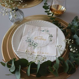 20 Napkins Happy Birthday around Eucalyptus White | Birthday | Guests | Man | Woman | Schön dass du da bist | Craft | Decoupage | Napkin Technology | Table Decoration 33 x 33 cm