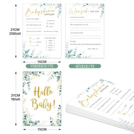 BOOMTOP 26 x Baby Shower Games Cards Guessing Game Baby Shower Games for Boys Girls Gender Reveal Party Decoration Gift German Eucalyptus Typing Cards to Fill In