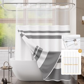 AmazerBath Fabric Shower Curtain with Liner Double Zippered, Rustic White Shower Curtain and Liner Set, See Through Shower Curtain with Window, Waterproof, 72"x72"(One Extra Black Striped Outer)