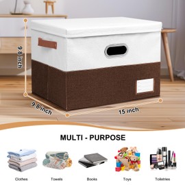 EITMOW Foldable Fabric Storage Boxes with Lids, Collapsible Versatile Bins Baskets Cubes with Handles for Easy Organization in Closet, Living Room, and Bedroom (Brown & White, 2PCS/15 * 9.8 * 9.8in)