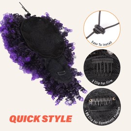 builson Drawstring Ponytail for Black Women, Afro Puff Kinky Curly Hair Ponytail Extension with Bangs Purple Updo Natural Hair Ponytail (PURPLE)