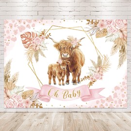Newsely Highland Cow Baby Shower Decorations Backdrop 7Wx5H Photography Boho Pink Rose Floral Pampas Grass Cute Animal Sweet Girls Newborn Background Aesthetic Party Banner Photo Booth Props Supplies