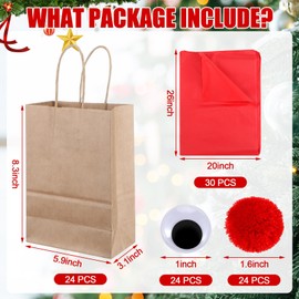Kolldenn 24 Pcs Christmas DIY Reindeer Treat Bags Include 24 Kraft Paper Bags 24 Red Pom Pom 60 Self Adhesive Eyes and 30 Red Tissue Paper for Christmas DIY Crafts Party Favor Supplies