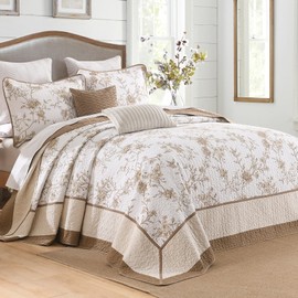 DDUOXIN Oversized Queen Bedspread - 102" W x120 L Extra Wide - 100% Cotton California Quilt with 2 Pillow Shams, Botanical Reversible Coverlet Bedding Set, Brown(Khaki)/White/Beige