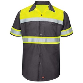 Red Kap Men's Hi-Vis SS Colorblock Ripstop Work Shirt-Type O, Class 1, Fluorescent Yellow/Charcoal, Large
