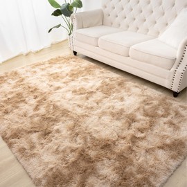 Terrug Fluffy Area Rugs for Living Room Bedroom, 6x9 Feet Tie-Dyed Beige Shag Large Rug Fuzzy Throw Carpet, Anti-Skid Modern Indoor Shaggy Rug for Boy Girls Kids Nursery Room Dorm Home Decor