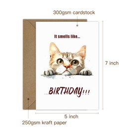 Tashchow Funny Happy Birthday Card for Him Her Cute Cat ‘It smells like...BIRTHDAY!!!’ with Sticker and 5x7 Inch Envelope