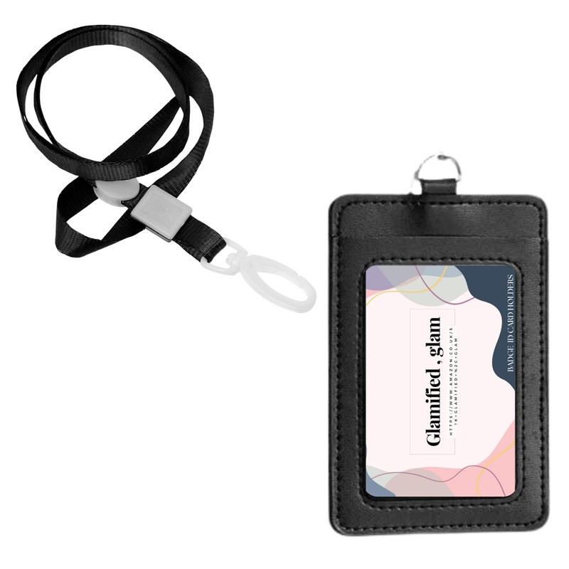 Glamified Leather Badge Holder and Adjustable Retractable Lanyard (Black), Quick