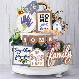 11 Pieces Home Family Tiered Tray Decor Set Wooden Shelf Tier Tray Sign Home Farmhouse Rustic Layered Pallets Decorations Wood Tiered Tray for Home Indoor Decor (Family Style)