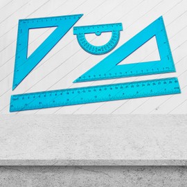 Geometry and Drawing Set 4 Pieces: Ruler 30 cm, Square 30/60 ° 19 cm, Square 45/90 ° 14 cm, Protractor 10 cm - Measurements in cm and inches, Perfect for School and Office (BLUE)