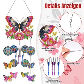 DIY Diamond Painting Sun Catcher Wind Chime Set, 5D Double Sided Crystal Diamond Painting Butterfly Pendant Set, Rotating Wind Chime Craft Set for Home Garden Window Decor