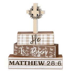 Memorywuu 4 Pcs Easter Table Decorations He is Risen Wooden Sign Religious Christian Cross Centerpiece Easter Blocks Tiered Tray Decor Farmhouse for Kitchen Shelf Home
