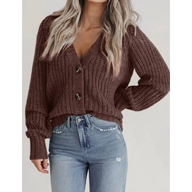 Zeagoo Women Long Sleeve Open Front Chunky Knit Cardigan Casual V Neck Button Sweaters (XS-XL Brown
