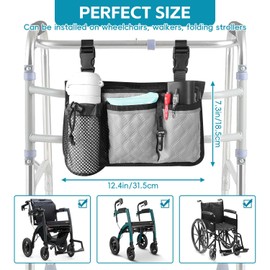 SHIFANQI Wheelchair Bag with Cup Holder, Wheelchair Accessories Armrest Side Bag Multi Pockets Pouch for Electric Wheelchairs, Walkers, Rollators & Mobility Scooters, Adults, Seniors, Grey