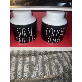 Rae Dunn Christmas Gifts Spiral Hair Ties And Cotton Swabs Tin Jars New
