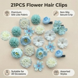 21Pcs Boho Flower Hair Clips Floral Barrettes for Bride Wedding Beach Party Festival (Blue & White)