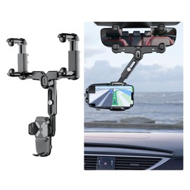 Augeny Rear View Mirror Phone Holder, 360 Degree Rotatable and Retractable Auto Phone Mount, Multifunctional Universal Rearview Mirror Phone Holder Compatible with All Smartphones