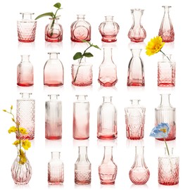 UMEIED 24 Pack Glass Bud Vases in Bulk for Centerpieces, Clear Vintage Decorative Small Vases for Flowers, Wedding Rustic Home Table Decor (Pink)