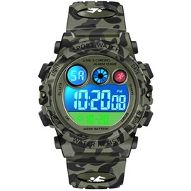 Dayllon Kids Watch Digital Outdoor Sport Waterproof Boys Watches 12/24H Alarm 7 Colorful Backlight Stopwatch Wristwatch for 3-15 Year Old Gift Army Green
