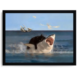 ICHZUMW Funny Black Cat Biting Shark Canvas Wall Art Framed, Quirky Cat Riding Portrait Picture Print, Humorous Unique Whimsical Animal Painting Wall Decor, Bathroom Living Room Bedroom, 12x16in