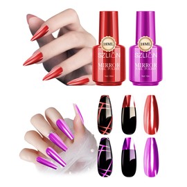 Metallic Red Violets Gel Glue Polish, 2x18ml Holographic Metal Mirror Gel Polish, Reflective Chrome Mirror Long Lasting Shine Effect Nail Lacquer Soak Off Bright Glod Color Nail Art Manicure