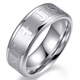 Adreamz 8mm Silver Mens Women Lord's Prayer Jesus Cross Stainless Steel Ring Cross Jesus Engraved Christian Religious Ring 10