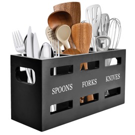 Yiomxhi Kitchen Utensil Holder for Worktop, Large 3 Compartments Cutlery Holder, Wooden Cutlery Holder, Kitchen Container for Kitchen Utensils, Black