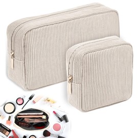 Sprifityy 2 Pieces Make Up Bag, Cosmetic Bag Cord with Compartments, Travel, Cosmetic Bag Beige for Handbag, Cosmetic Bag Small for Girls Women, for Travel as well as for Everyday Use (Beige), beige,
