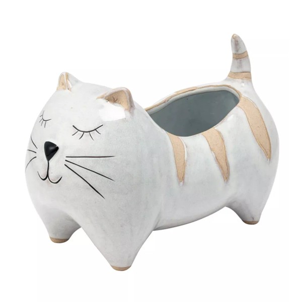 Napco Happy Striped Kitty Cat 8x5.5x2.75 in. White Beige Ceramic