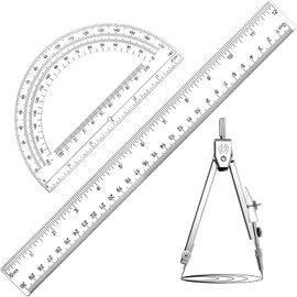 Zonon 3 Pcs Geometric Math Set, Drawing Compass, 6 Inch Protractor and Plastic Clear Ruler Transparent Drawing Supplies for School Classroom Home Office Use(Clear,12 Inch)